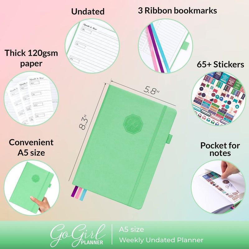 GoGirl Planner and Organizer for Women â€“ A5 Size Weekly Planner, Goals Journal & Agenda to Improve Time Management, Productivity & Live Happier. Undated â€“ Start Anytime, Lasts 1 Year â€“ Mint Green - Image 2